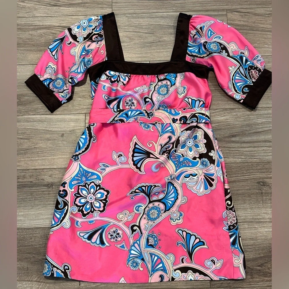 Banana Republic Pink and Blue Paisley Square Neck Dress with Tie Size Small